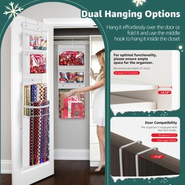 Wrapping Paper Organizer Storage, Double-Sided Hanging Gift Wrap Roll Holder for Christmas, 63"x13" Over Door Present Bag Container for Room Closet, Black Wrapper Station for Birthday