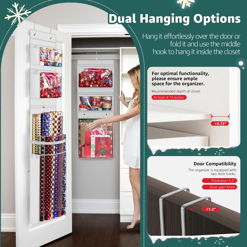 Wrapping Paper Organizer Storage, Double-Sided Hanging Gift Wrap Roll Holder