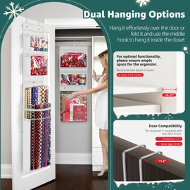 Wrapping Paper Organizer Storage, Double-Sided Hanging Gift Wrap Roll Holder for Christmas, 63"x13" Over Door Present Bag Container for Room Closet, Black Wrapper Station for Birthday
