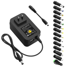 ALITOVE 30W Universal Power Adapter Adjustable AC Adapter 3V 4.5V 5V 6V 7.5V 9V 12V 2.5A Max Variable Power Supply 100V-240V AC to DC 3V~12V 0.5A 1A 1.5A 2A with 5V 2.1A USB Port 14 Tips, 4.9FT Cord