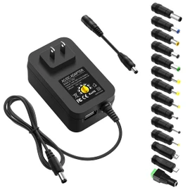 ALITOVE 30W Universal Power Adapter Adjustable AC Adapter 3V 4.5V 5V 6V 7.5V 9V 12V 2.5A Max Variable Power Supply 100V-240V AC to DC 3V~12V 0.5A 1A 1.5A 2A with 5V 2.1A USB Port 14 Tips, 4.9FT Cord