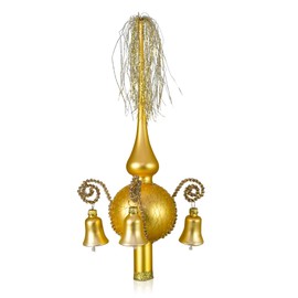 Lauschaer Glas Christmas Tree Topper with Bell, Matte Gold, Wound, Length Approx. 28 cm, Diameter 7 cm, Mouth-Blown, Hand-Decorated, Leonian Wire