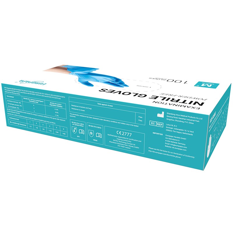 EUROPAPA® Disposable Nitrile Examination Gloves, Powder–Free, Latex–Free, Non–Sterile, Box of