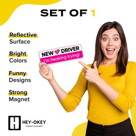 HEY-OKEY New Driver Magnet for Car - Funny Pink Please Be Patient Reflective Magnetic Bumper Sticker - Removable Novice Rookie Safety Attention Sign - Weather-Resistant - 10 x 3.5 inches - White/Pink
