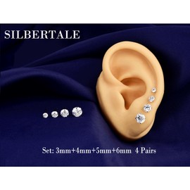 SILBERTALE 4/5/6 Pairs 925 Sterling Silver Black Cubic Zirconia Stud Earrings Set 3-8 mm for Men Women, No Gemstone