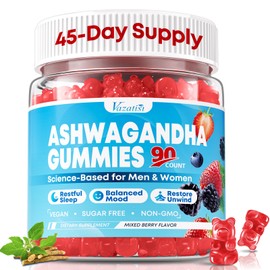 90 Count Ashwagandha Gummies with L-Theanine, GABA, Magnesium & Vitamin D3, Organic Ashwagandha Supplements for Women & Men for Relaxation & M00d Balance, Vegan, Sugar Free, Mixed Berry Flavor