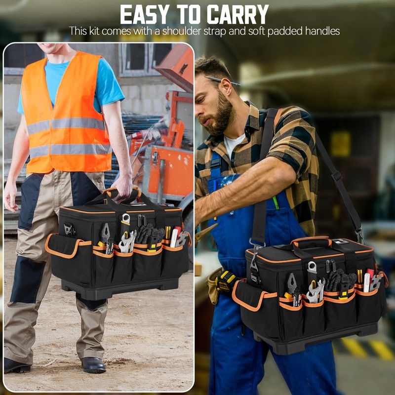 16 Inch Tool Bag with Waterproof Hard Bottom, Large Multi-Pockets
