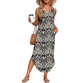 MISFAY Women's Summer Maxi Dress Sleeveless Loose Long Beach Split Dresses with Pockets(New Boho Floral Black,S)