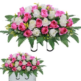 Lodou Artificial Cemetery Flower Saddles, Rose Headstone Flower Saddle Outdoor Grave Decorations,Cemetery Memorial Flowers with Vase for Grave Tombstone Decorations (Pink and White, Saddle)