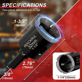REKCKRUL 1-1/4 Inch Diamond Hole Saw with Pilot Drill Bit, 2PCS Premium Tile Hole Saws for Porcelain, Ceramic, Granite, Marble, Glass – 1-3/8" Cutting Depth, Serrated Edge & Wet/Dry Use (32mm)
