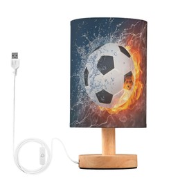 YYZZH Table Lamp Soccer Ball in Fire Flame Water Sport Design American Football Nightstand Lamp with Wood Base Fabric Lamp Shade Bedside Desk Lamp for Living Room Bedroom Kids Room Office