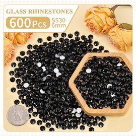 600PCS SS30/6mm Crystal Rhinestones (Jet Black) with 2Pcs 10ml B7000 Jewelry Glue, Bedazzling Flatback Glass Rhinestones for Crafting, Gems Diomand Charms for Tumbler Shoes Clothing Mugs Nail Art