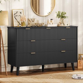VIAGDO Fluted Dresser for Bedroom with 7 Drawers, 47.2'' Wide Mid Century Modern Fluted Dressers & Chests of Drawers with Gold Metal Handles, Black Organizer Storage Cabinet for Closet, Entryway