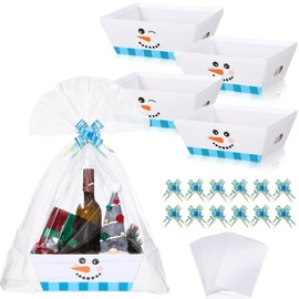 Cholemy 12 Pack 12 x 10 x 4 Inch Christmas Empty Gift Basket Kit Bulk, Includes 12 Snowman Face Cardboard Baskets, 12 Plastic Bags and 12 Bows, Large Xmas Gifts Baskets with Handles for Holiday