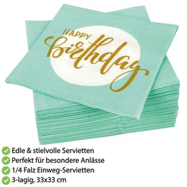 High-quality napkins (pack of 40) 33 x 33 cm, 3-ply - party napkins with "Happy Birthday" motif - for parties, birthdays or celebrations