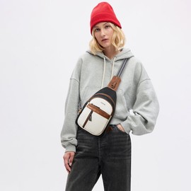 7L Sling Bag For Women Men Backpack Fanny Pack Crossbody Chest Travel Shoulder Women's Belt Bags Purse Handbag PU Leather Zipper Compact:_Black & White W/ Brown Trim