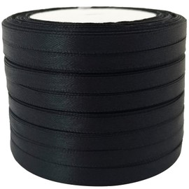 Satin Ribbon 1/4 inch for Gift Wrapping 200 Yards Assorted Thin Fabric Bow Ribbons for Crafts & Hair 6mm Skinny Solid Flower Bouquet Ribbon Bulk for Christmas-Party & Home Decoration (39 Black)