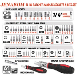 JENABOM 61 in 1 Ratcheting Screwdriver Set, Magnetic Screwdriver Bit Set with Rotatable Ratchet Handles, Sockets & Bits, Household Repair Tool Kits for Computers, Electronic Devices, Furniture