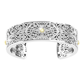 Belinda Jewelz 925 Sterling Silver Cuff Bangle with 14k Gold Vintage Flower Carving Antique Retro Gypsy Bohemian Pattern Bracelet Adjustable Fine Jewelry for Women