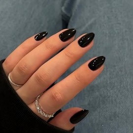 SXVME Uñas postizas negras, cortas, ovaladas y redondas, con pegamento, uñas postizas cortas, uñas acrílicas de gel hechas a mano, uñas de almendra na