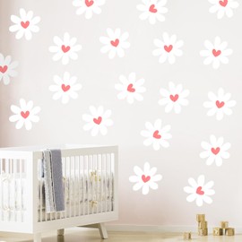 12 Sheets Daisy Wall Decals, Pink Heart Daisy Flowers Wall Stickers, Large Vinyl Peel and Stick for Living Room Bedroom Baby Girls Room Nursery Room Decoration