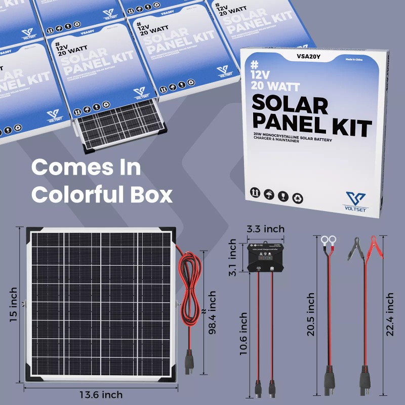 VOLTSET Solar Battery Trickle Charger 20W 12V Solar Panel Maintainer