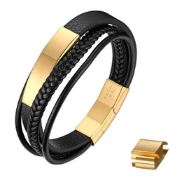JewelryWe Jewellery Men's Leather Bracelet with Engraving - Handmade, Braided, Multi-Row Stainless Steel Bracelet with Magnetic Closure - Adjustable Cuff Bangle, Stainless Steel, Gold without engraving