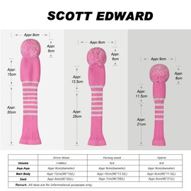 Scott Edward Knitted Golf Club Head Covers for Woods 3Pcs Set Golf Driver (460CC) Fairways and Hybrid/UT with Rotating Number Tags(Pink Stripes)