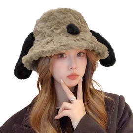 Winter Faux Fur Bucket Hat for Women Cute Cartoon Dog Ears Furry Fisherman Hat Windproof Winter Warm Earflaps Hat Fancy Dress Puppy Bush Hat Thermal Beanie Cap for Outdoor Skiing Skating Dating