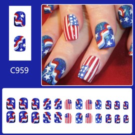 4th of July False Nails Short Square Independence Day Press on Nails American Flag Glue on Nail with Star Stripe Design Glossy Patriotic Acrylic Fake Nail for Women