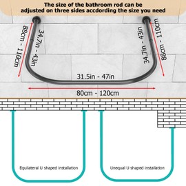 U Shaped Shower Curtain Rod (Both sides: 31.5"-47", Middle: 34.7"-43") Adjustable Genuine 304 Stainless Bathroom Bathtub Shower Curtain Rod Rack with 12 Shower Curtain Rings - Black