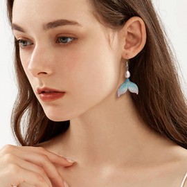 BXDA Pearl Mermaid Tail Dangle Drop Earrings for Women, Trendy Cute Pearl Turquoise Fish Tail Dangling Earing Summer sea Beach Jewelry Gift.
