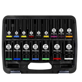 MAXGRIP 1/2“ Drive Deep Socket Set, 16Pcs SAE/Metric Sizes, 6 Points, Impact Grade (8mm-32mm)