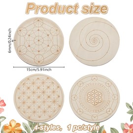 ORIGACH 4 Patterns Wooden Crystal Grids 15x15 cm Round Sacred Geometric Arrangement Crystal Grid Board Metatron's Cube Crystal Grid Plate for Wiccan Altar Ritual Sacred Space Decor