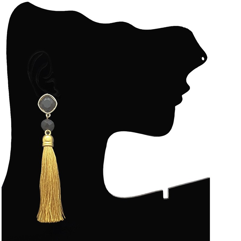 Moonstruck Women Gold Tassel Dangle Earrings With Black Stone for