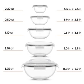 JoyJolt Kitchen Mixing Bowls. 5pc Glass Bowls with Lids Set – Neat Nesting Bowls. Large Mixing Bowl Set incl Batter Bowl, Cooking Bowls, Storage Bowls with Lids and Big Salad Bowl with BPA-Free Lids