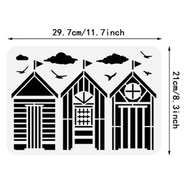 BENECREAT Beach Huts Stencil, Reusable Cloud Bird Drawing Painting Templates Flower Stencils for Scrapbooking, Fabric, Floor Furniture, Wall Art Decor, 30x21cm