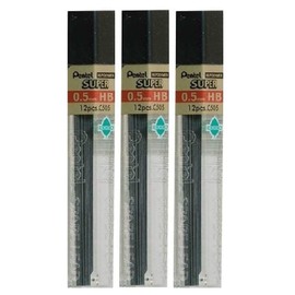 Pentel 0.5mm Size HB Shade Hardness Pencil Refill Replacement Spare Leads Hi Pollymer Super For Automatic & Mechanical Pencils (Pack Of 3 Tubes - 36 Pieces)