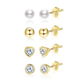Small Gold Studs Earrings for Women Set, ASH'S CHOICE Gold Earrings Set Small 925 Sterling Silver Goldplate Studs Earrings Multipack Cartilage Piercing Studs Tiny Zircon Ball Pearl Heart Studs Set