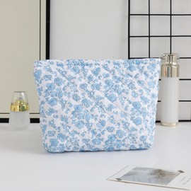 Yovell Quilted Makeup Bag Floral Makeup Bag Cute Make Up Pouch Travel Organizer Toiletry Bag Cotton Cosmetic Bags for Women Girls (Blue)