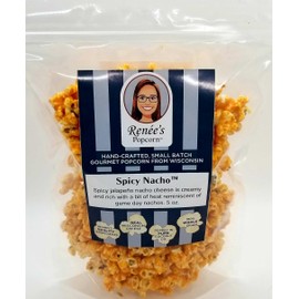 Renée’s Spicy Nacho™ Gourmet Popcorn – Wisconsin cheddar cheese blended with Jalapeño spice for a treat that’s zesty on fresh popped corn, snack or gift – resealable, 5oz family size bag.