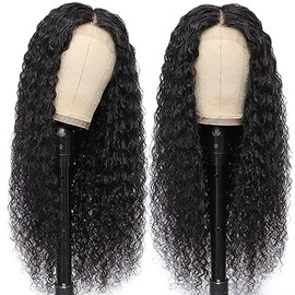 Weeybay Real Hair Wig, Water Wave Human Hair Wig, Glueless Wear and Go, 4 x 1 Lace Closure Wigs for Women, with Baby Hair, Bleached Knots, Natural Black Colour, for Women, 34 Inches (86 cm)