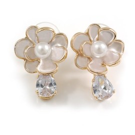 Layered Flower with Glass Drop Stud Earrings in Gold Tone - 23mm Long