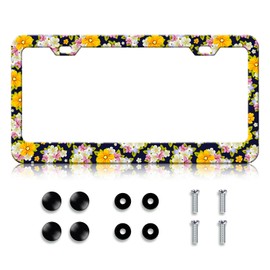 HCSS Colorful Flowers License Plate Frame White Yellow Cute Floral Stainless Steel License Plate Holder Cover Car Accessory Rust-Proof Waterproof Car Decorative Tag Frames for Standard US 12x6 Inch