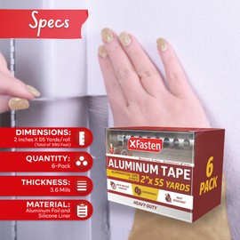 XFasten Aluminum Foil Tape for Ductwork 2 Inch x 55 Yard 6-Pack 3.6mil Aluminum Tape for Ductwork Heavy Duty Dryer Vent Tape Foil and Seal HVAC Tape for Ducts, HVAC Duct Tape, Silver