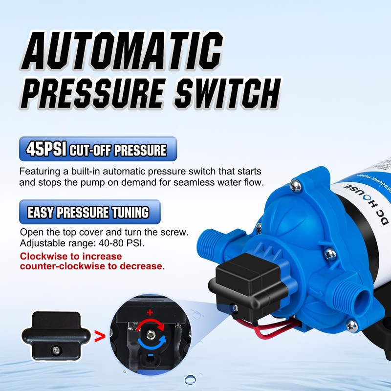 DC HOUSE 12V RV Water Diaphragm Pump Quiet Replacement, 3.5GPM