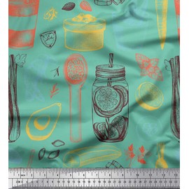 Soimoi Blue Rayon Fabric Vegetables,Jar & Cups Print Sewing Fabric BTY 42 Inch Wide