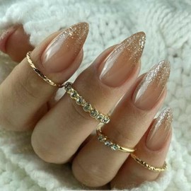 IQXGE Nude Acrylic Press on Nails Almond Medium Acrylic Nails Press Ons Almond Full Cover Glue on Fake Nail with Gold Glitter Designs Artificial Stick on False Nail for Women