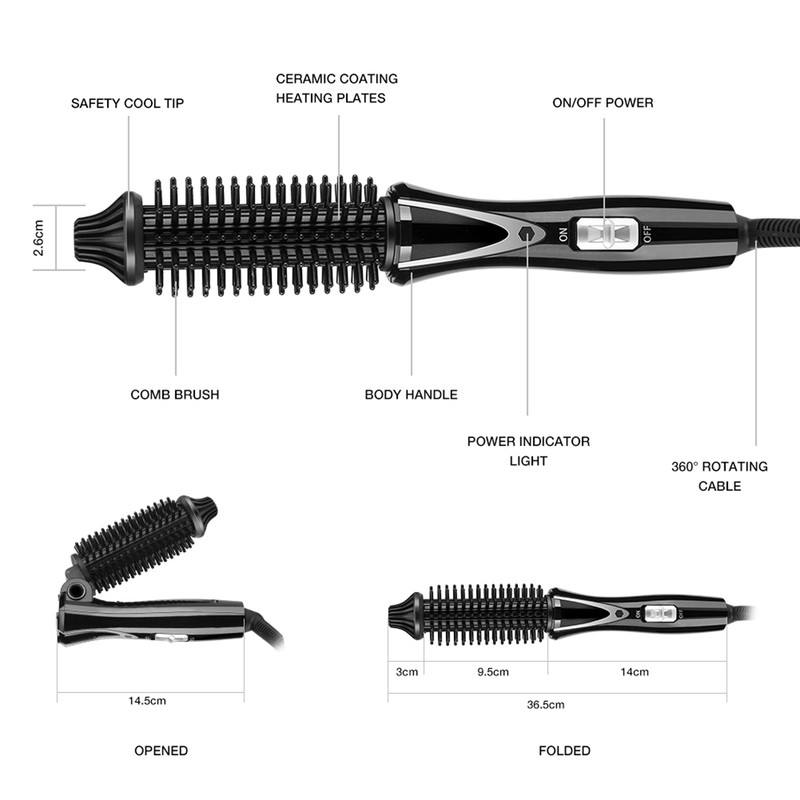 Ceramic Tourmaline Foldable Anion Hair Brush Curler Hair Curling Iron