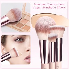 Set de 15 Brochas de Maquillaje de Viaje para Base, Polvos, Correctores Y Sombras de Ojos. Incluye 12 Borlas, Esponjas Y Bolsa (rosa)